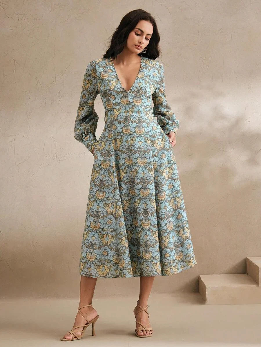 Vintage Elegant Print VNeck Beaded Fitted ALine Dress Slimming Spring Women Dress Outfits