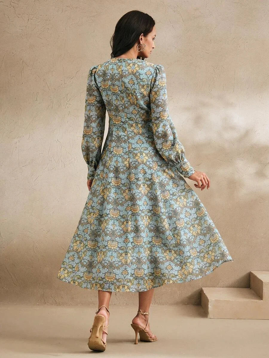 Vintage Elegant Print VNeck Beaded Fitted ALine Dress Slimming Spring Women Dress Outfits