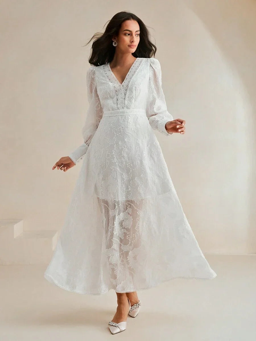 Vintage French VNeck Puff Sleeve Jacquard Hollow SeeThrough Cinched Waist Double Layer Graceful