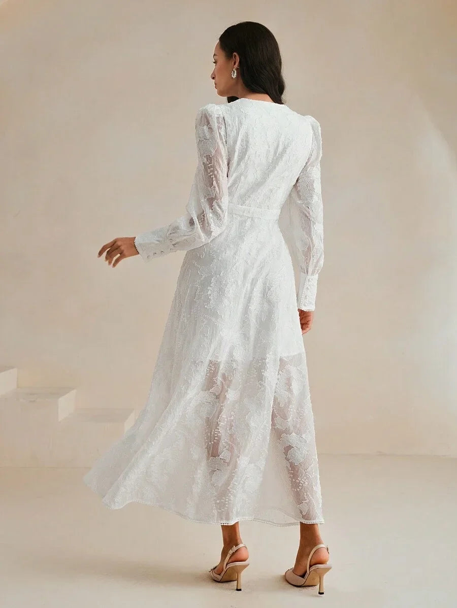 Vintage French VNeck Puff Sleeve Jacquard Hollow SeeThrough Cinched Waist Double Layer Graceful