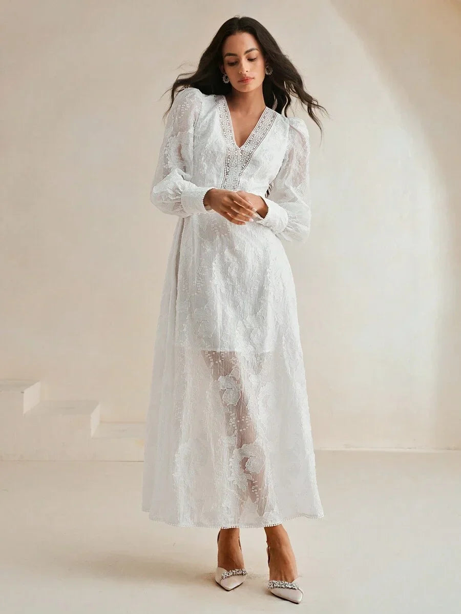 Vintage French VNeck Puff Sleeve Jacquard Hollow SeeThrough Cinched Waist Double Layer Graceful
