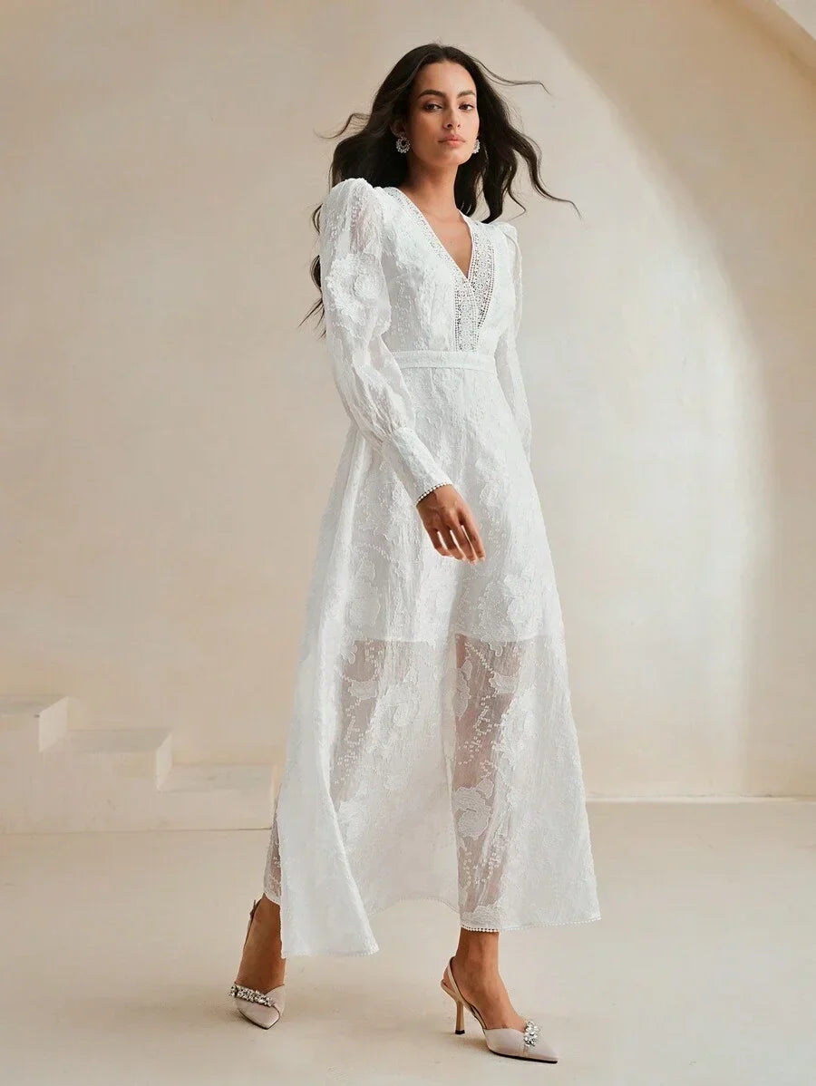 Vintage French VNeck Puff Sleeve Jacquard Hollow SeeThrough Cinched Waist Double Layer Graceful