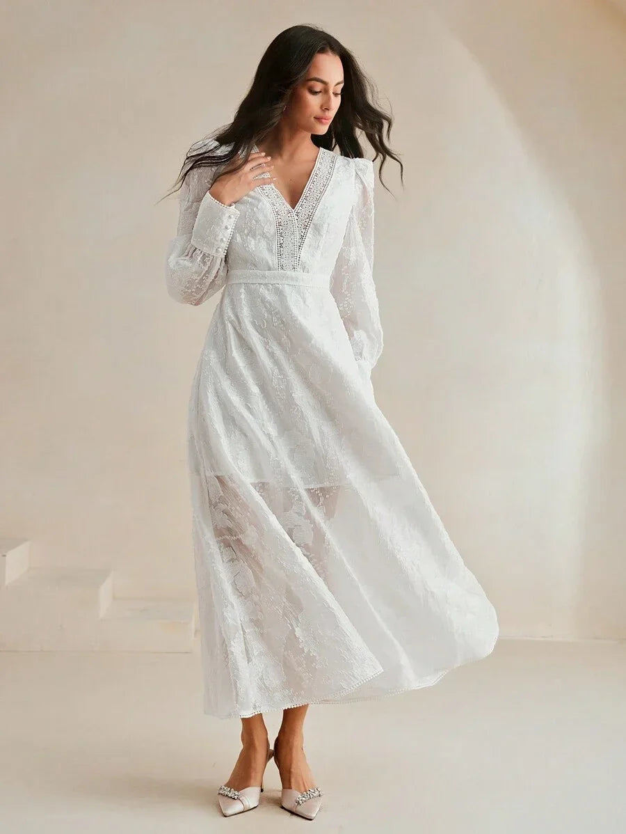 Vintage French VNeck Puff Sleeve Jacquard Hollow SeeThrough Cinched Waist Double Layer Graceful
