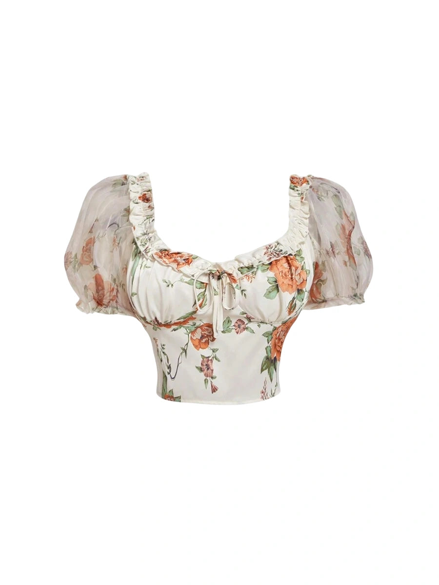 Floral crop top with puff sleeves and sheer details