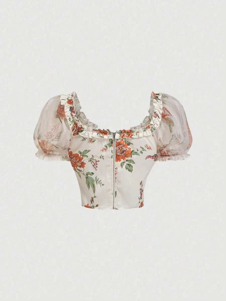 Vintage Palace Oil Painting Floral Bubble Sleeve Organza Blouse