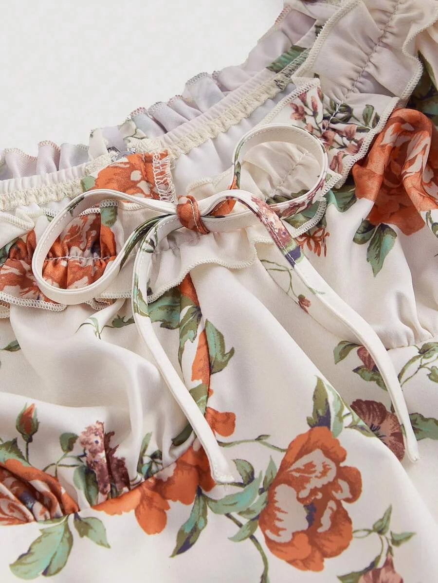 Vintage Palace Oil Painting Floral Bubble Sleeve Organza Blouse