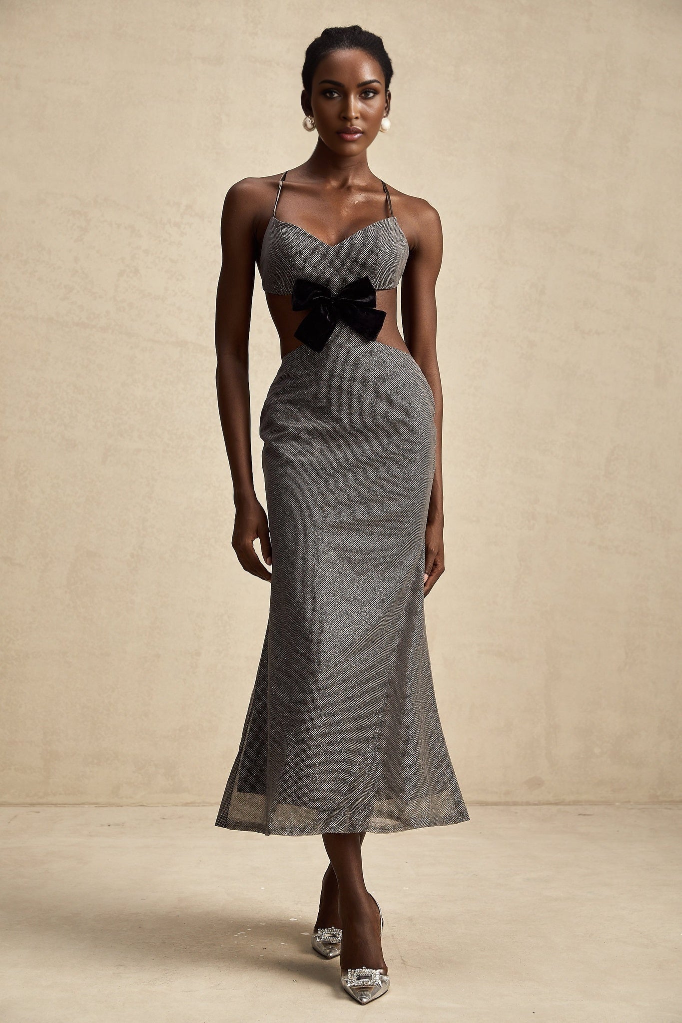 Violaine midlength dress with open back and sequin embellishments
