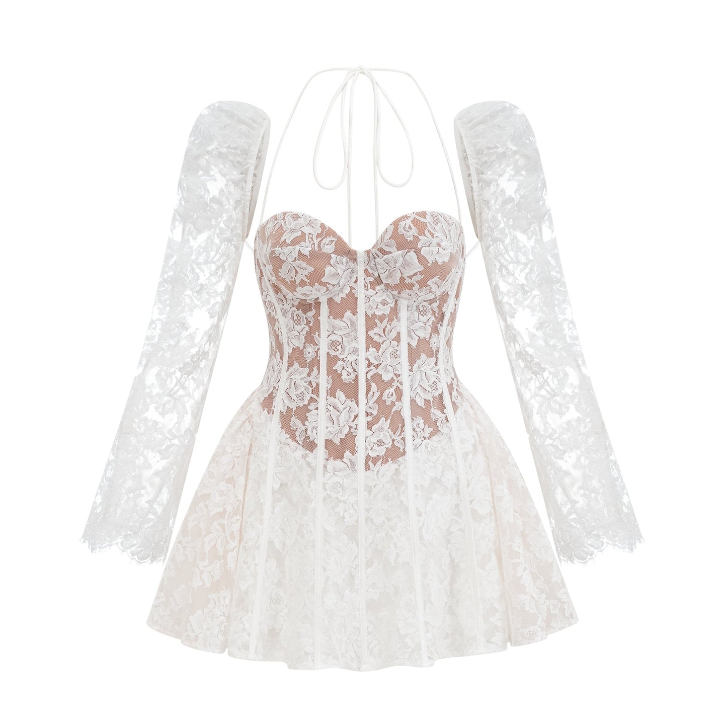 Vivienne white floral lace corset mini dress on a mannequin against a plain background showcasing intricate lace pattern and fitted silhouette