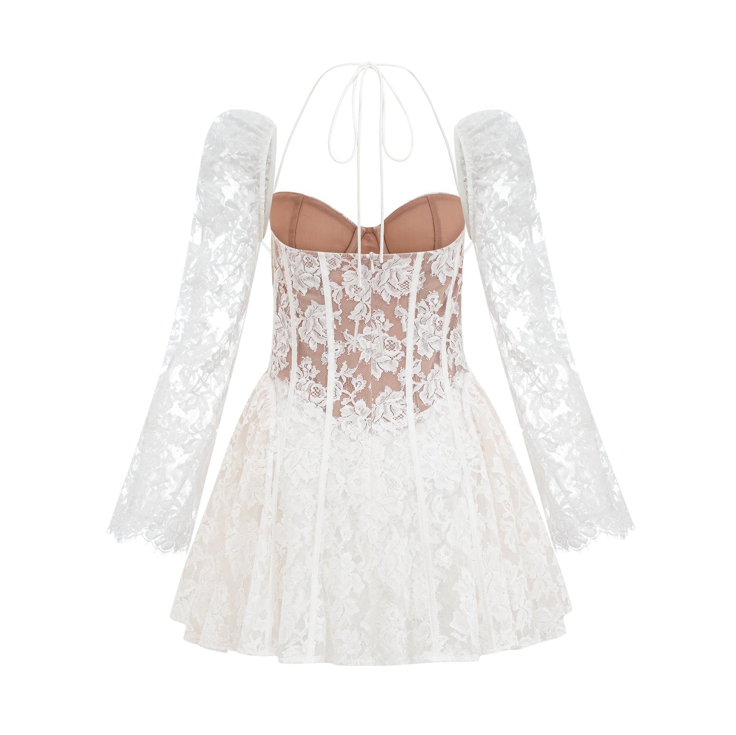 Vivienne white mini dress with floral lace pattern and corset style bodice on a plain background