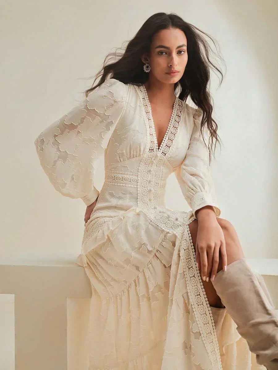 VNeck Puff Sleeve Cinched Waist Elegant Dress Maxi Women Outfit