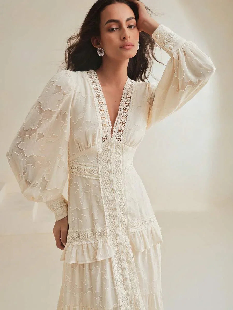 VNeck Puff Sleeve Cinched Waist Elegant Dress Maxi Women Outfit