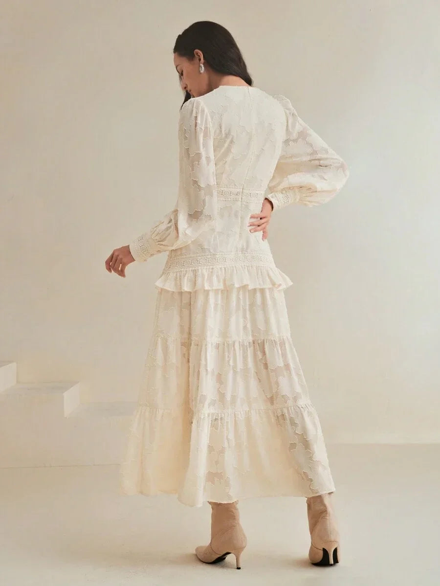 VNeck Puff Sleeve Cinched Waist Elegant Dress Maxi Women Outfit