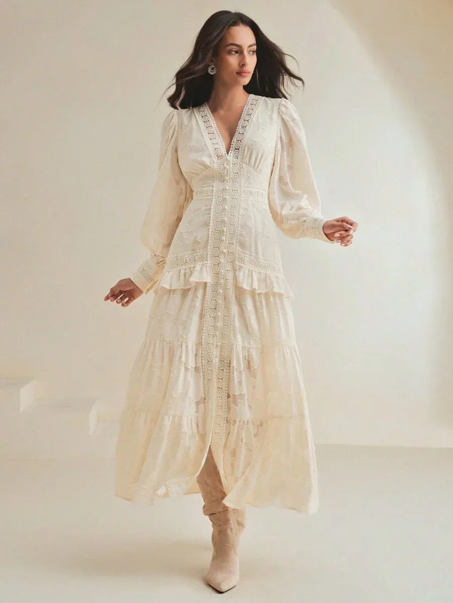 VNeck Puff Sleeve Cinched Waist Elegant Dress Maxi Women Outfit