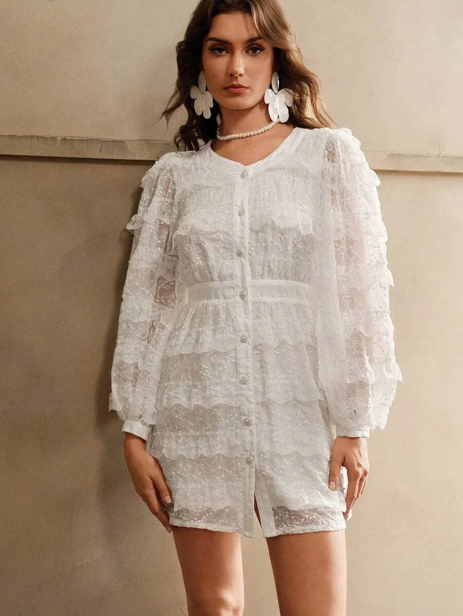 VNeck Solid Color Puff Sleeve Lace Patchwork Elegant Long Sleeve Dress