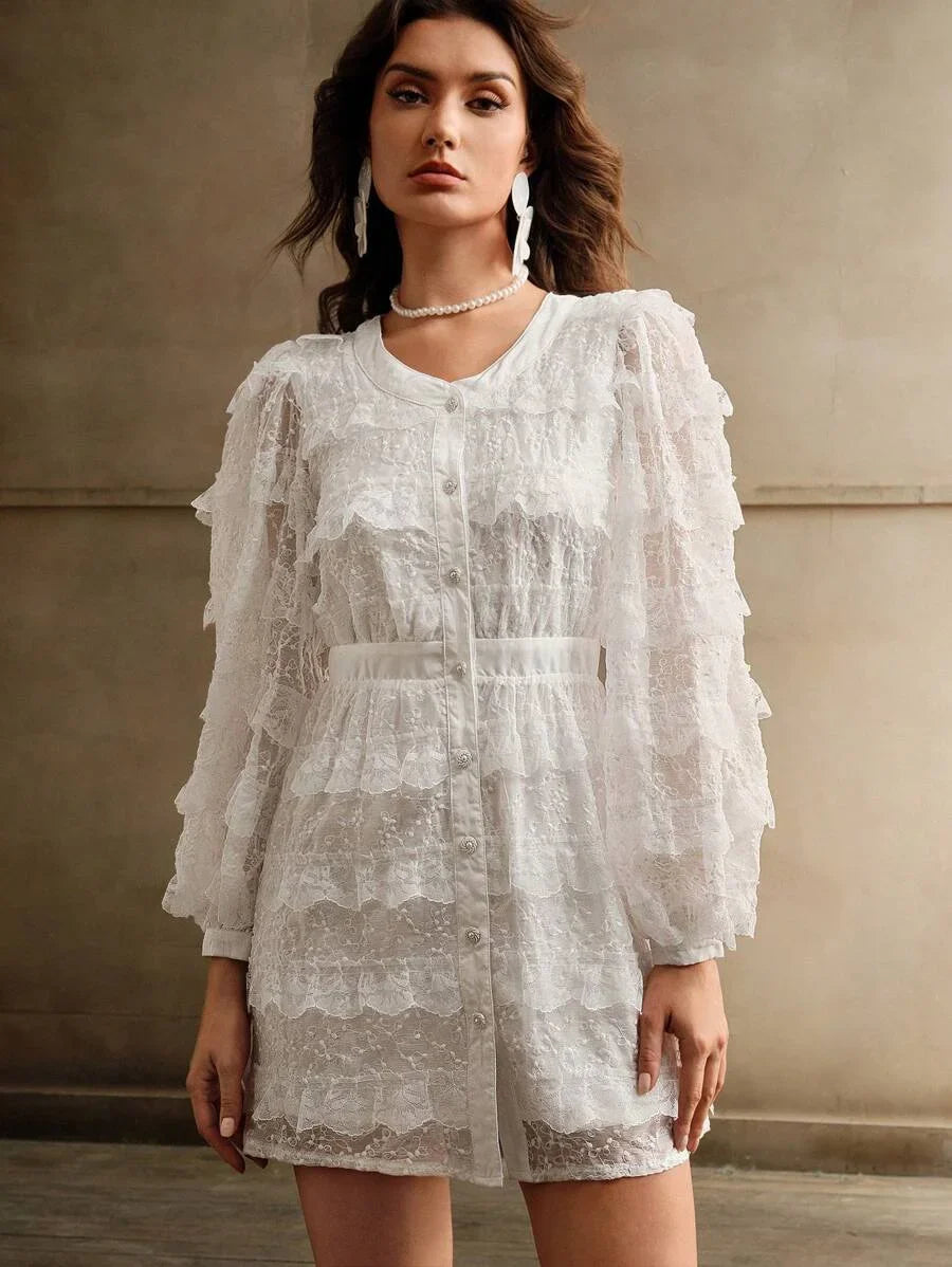 VNeck Solid Color Puff Sleeve Lace Patchwork Elegant Long Sleeve Dress
