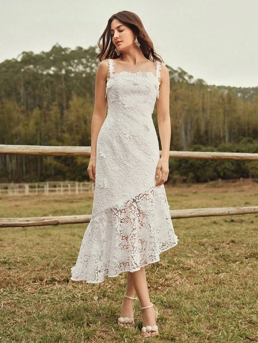 VNeck Solid Color Puff Sleeve Lace Patchwork Elegant Long Sleeve Dress