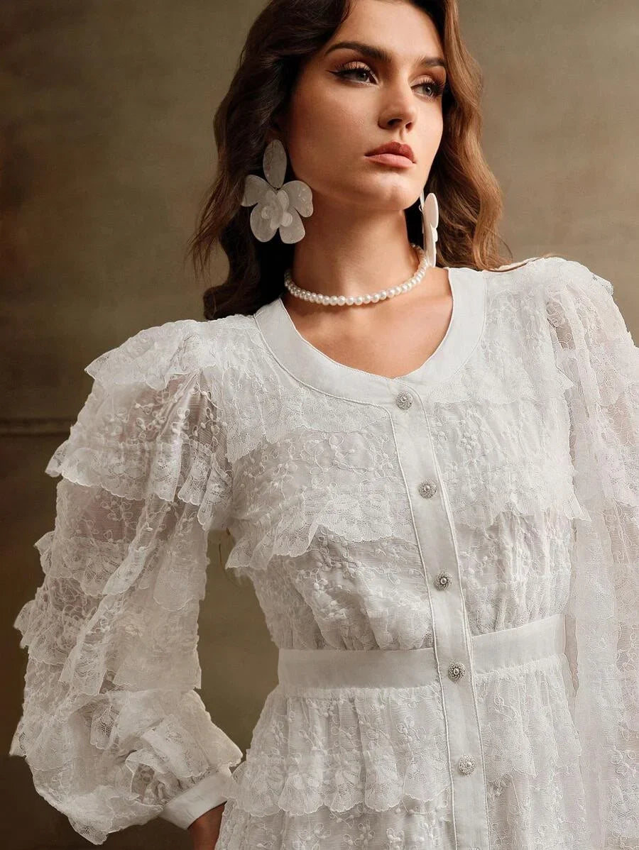 VNeck Solid Color Puff Sleeve Lace Patchwork Elegant Long Sleeve Dress