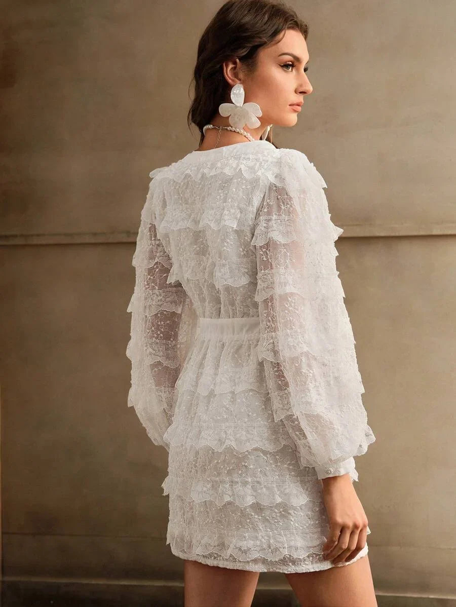 VNeck Solid Color Puff Sleeve Lace Patchwork Elegant Long Sleeve Dress