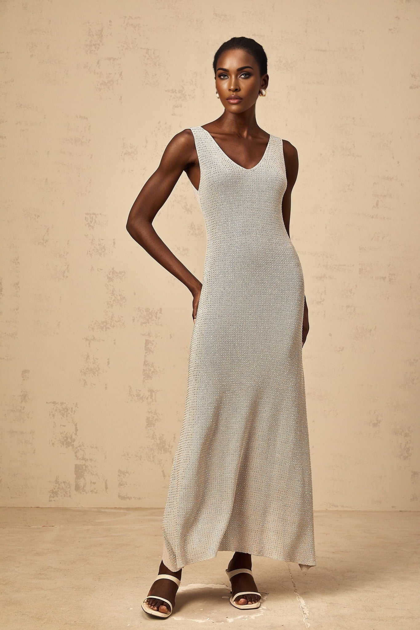 Wanda grey rhinestone knitted tank maxi dress