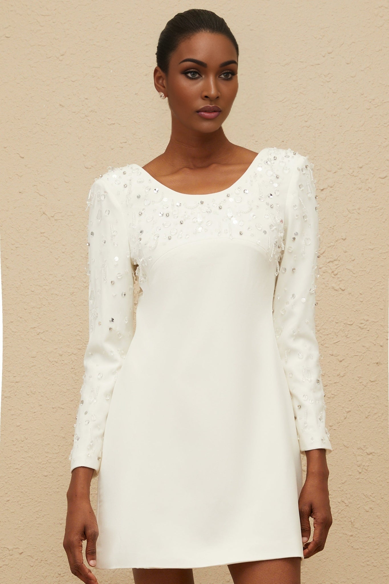 White A-line Mini Dress with Sequin and Crystal Embellishments