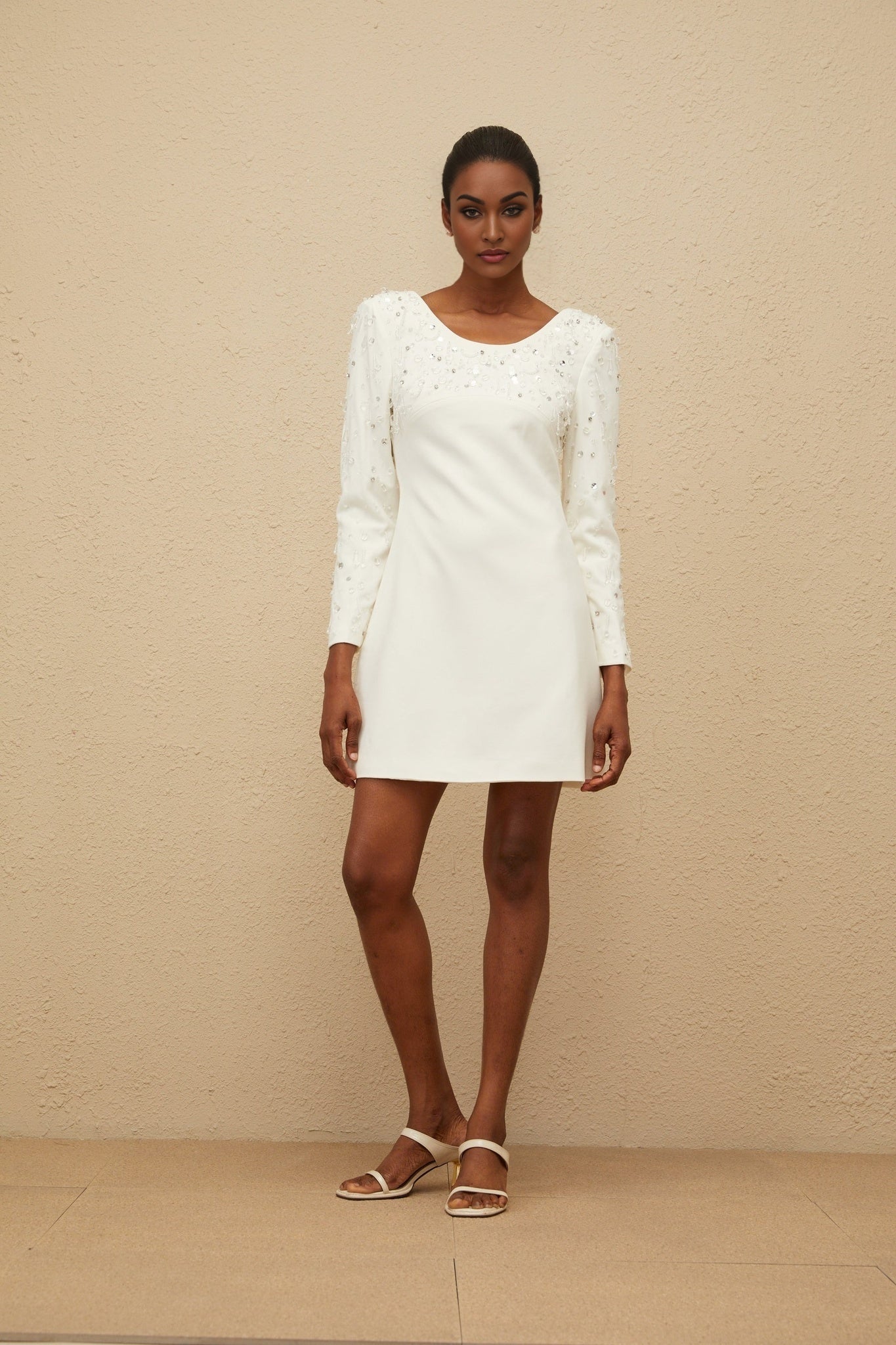 White A-line Mini Dress with Sequin and Crystal Embellishments