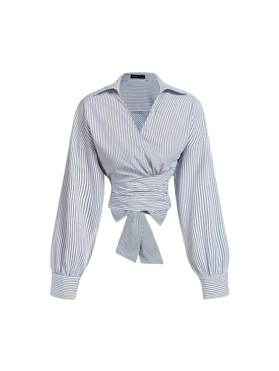 White and Khaki Crop Top for women Striped Asymmetric Wrapped Long Sleeve Shirt With CrissCross Design amp Bow Tie