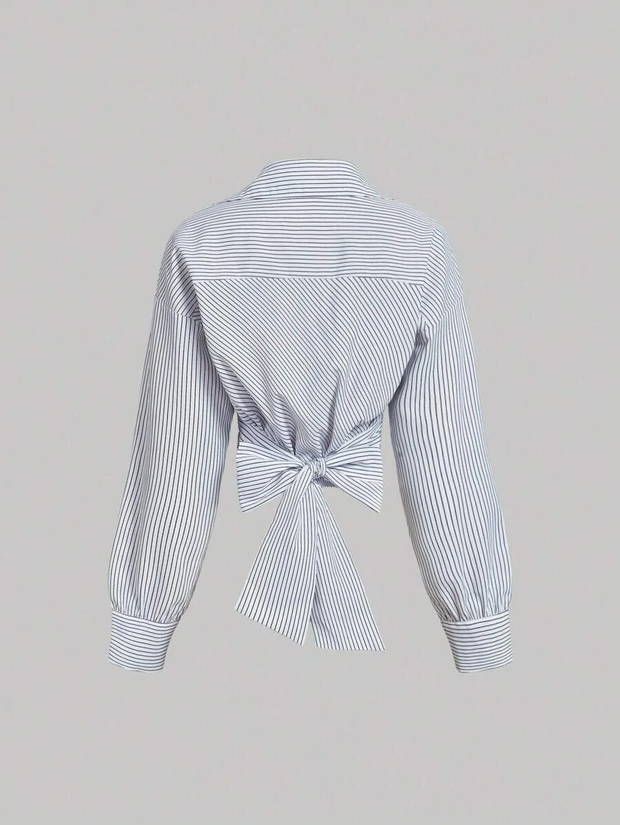 White and Khaki Crop Top for women Striped Asymmetric Wrapped Long Sleeve Shirt With CrissCross Design amp Bow Tie