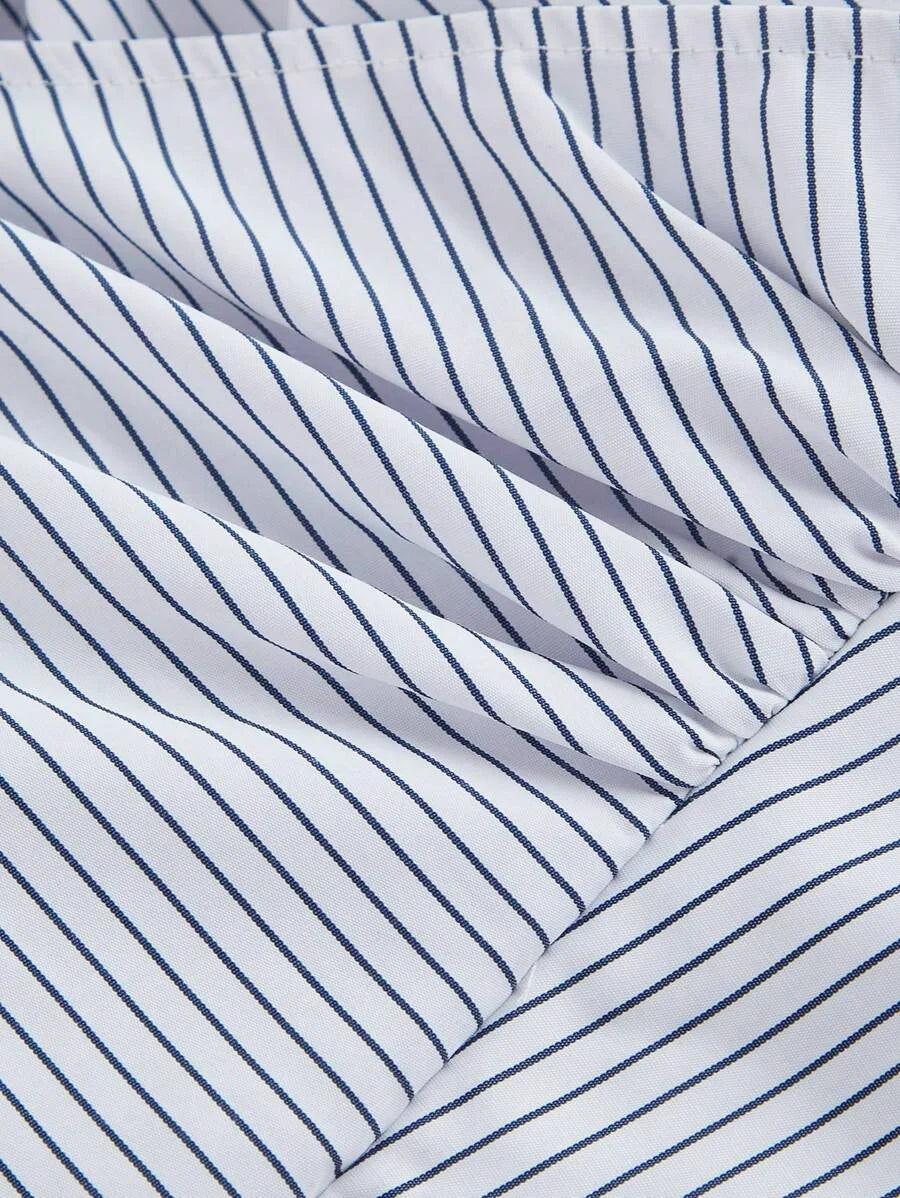 White and Khaki Crop Top for women Striped Asymmetric Wrapped Long Sleeve Shirt With CrissCross Design amp Bow Tie