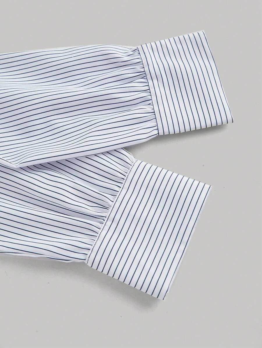White and Khaki Crop Top for women Striped Asymmetric Wrapped Long Sleeve Shirt With CrissCross Design amp Bow Tie