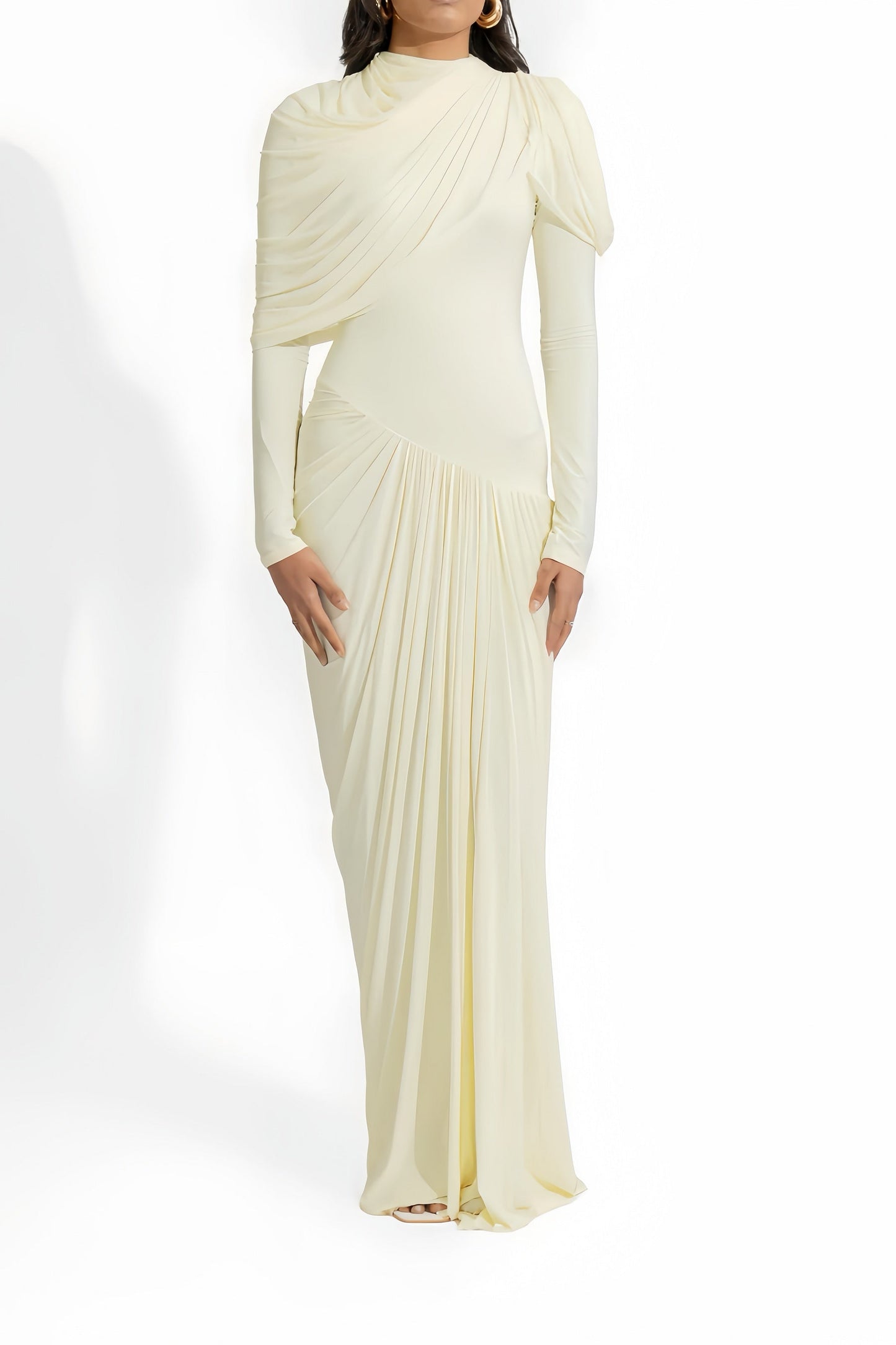 White asymmetrical draped pleated maxi dress with crew neck and long sleeves