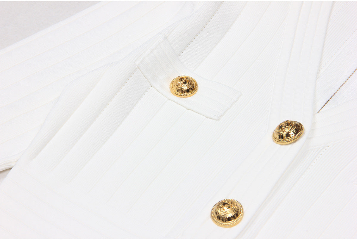 Elegant White Bandage Mini Dress with Blazer-Inspired Silhouette and Gold-Tone Buttons