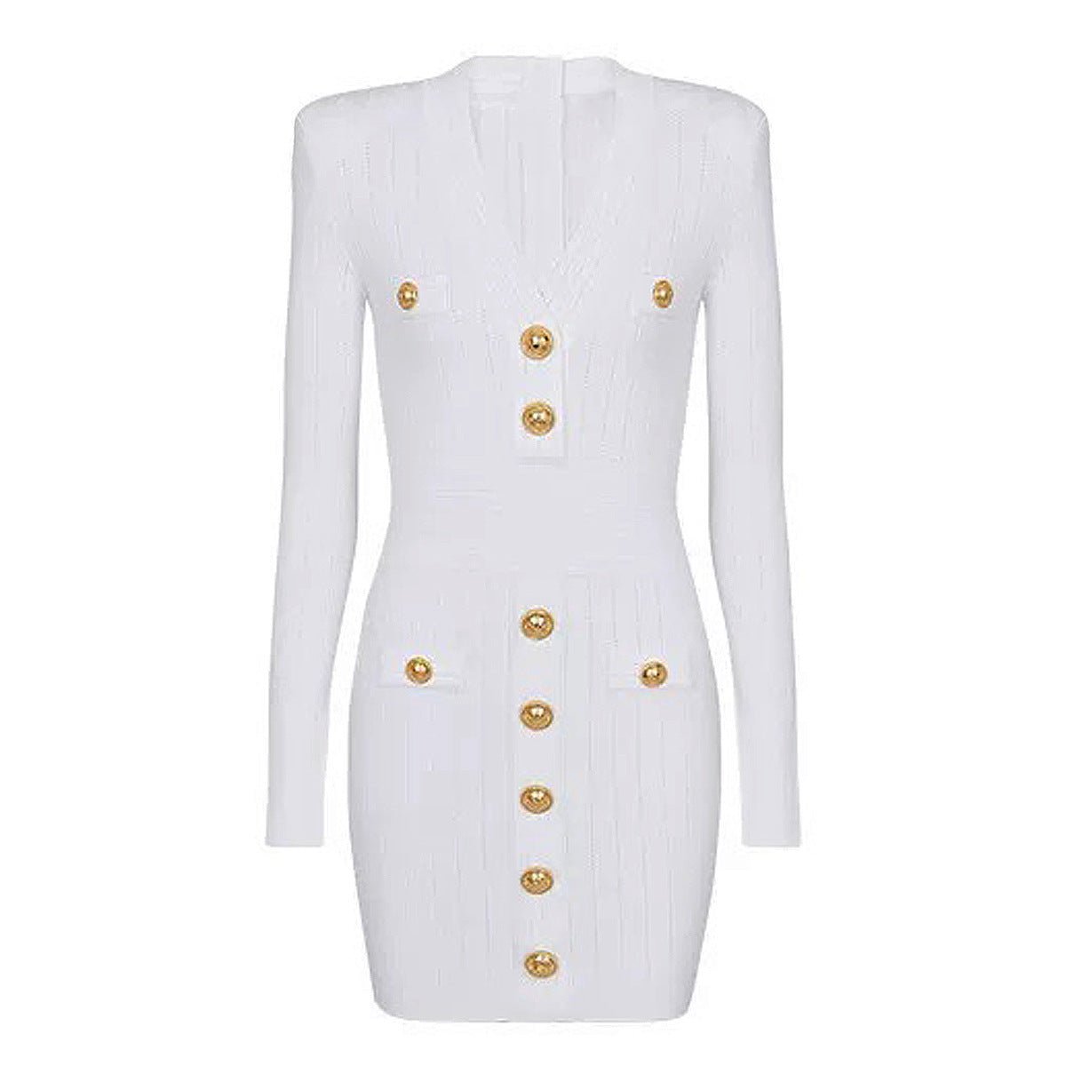 Tailored white bandage mini dress with structured shoulders and gold-tone buttons