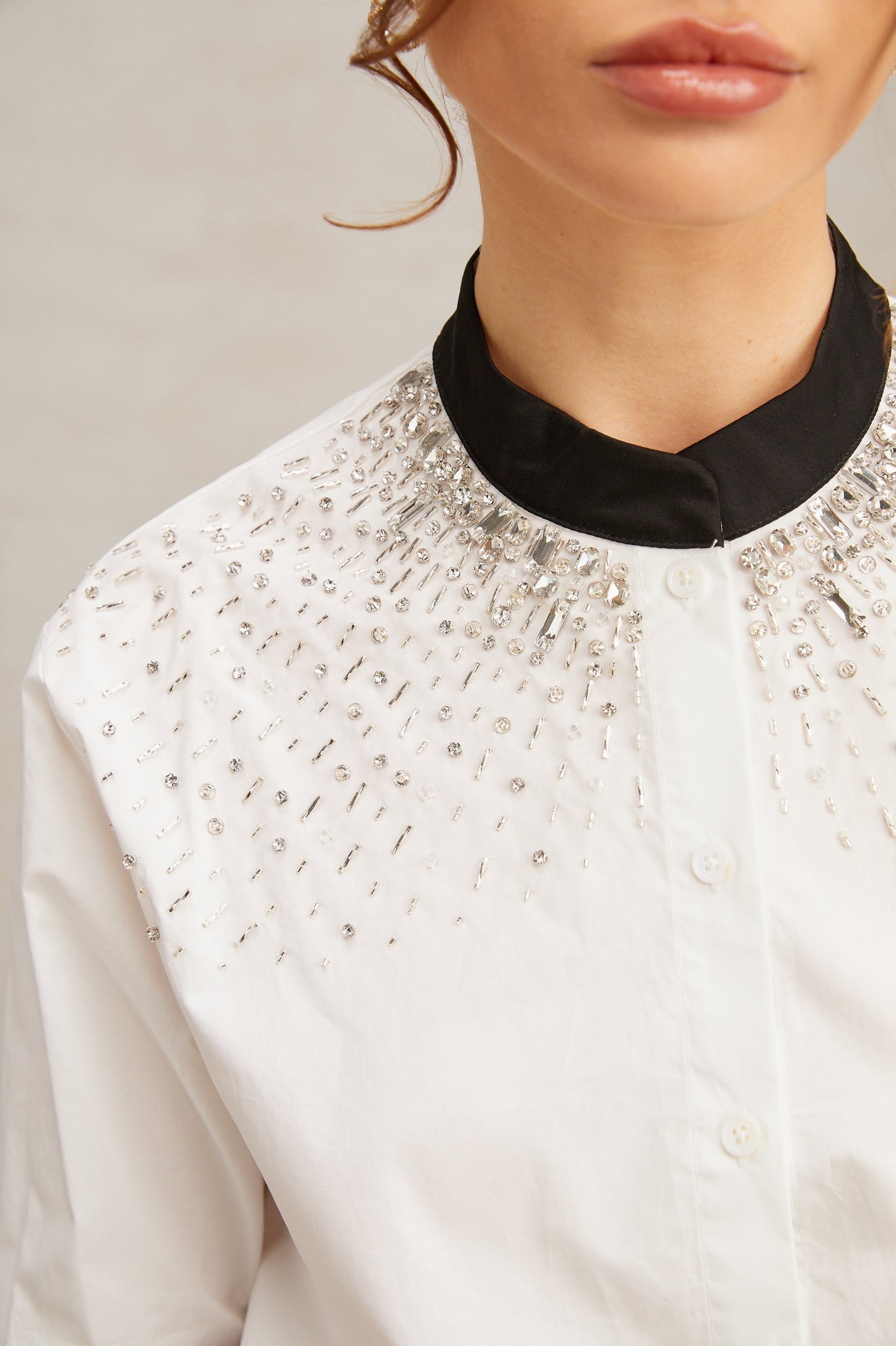 White buttonup shirt adorned with crystal embellishments named Angelique