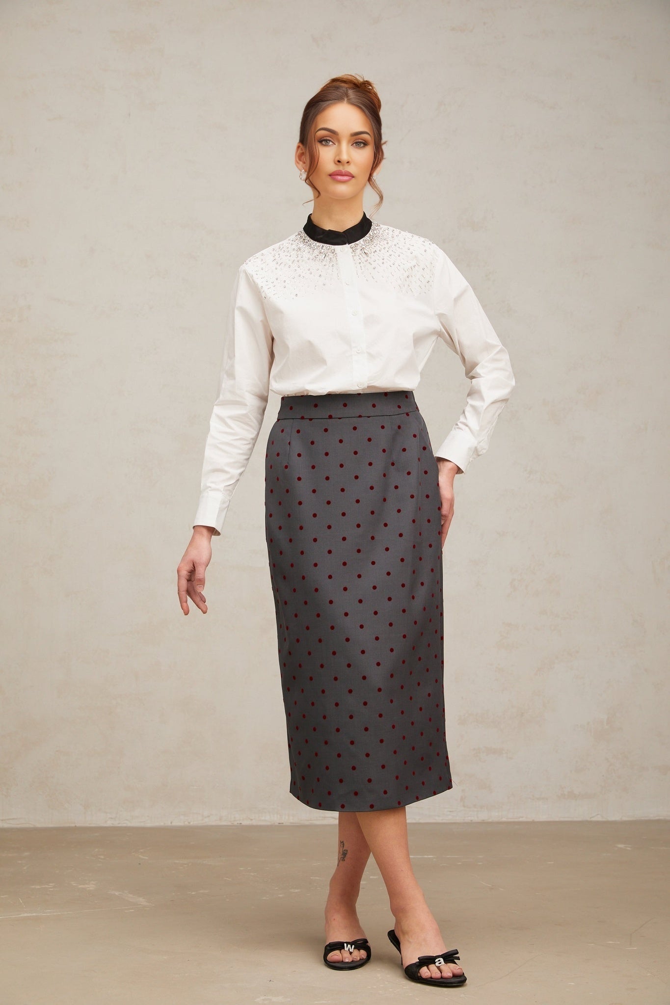 White buttonup shirt adorned with sparkling crystal embellishments
