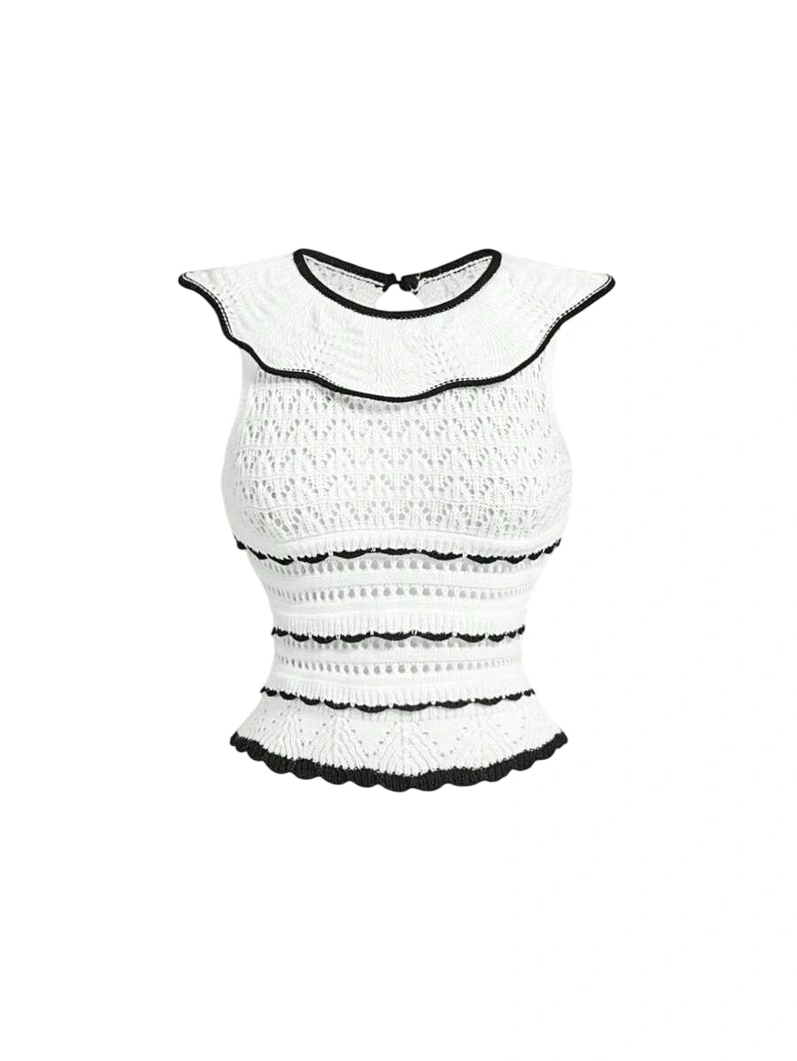 White Contrast Trim Floral Lace Wave Texture Knitted VestBack To School ClothesOld Money