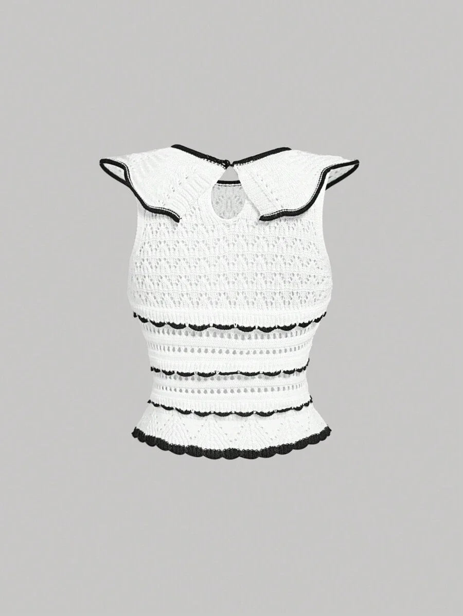 White Contrast Trim Floral Lace Wave Texture Knitted VestBack To School ClothesOld Money