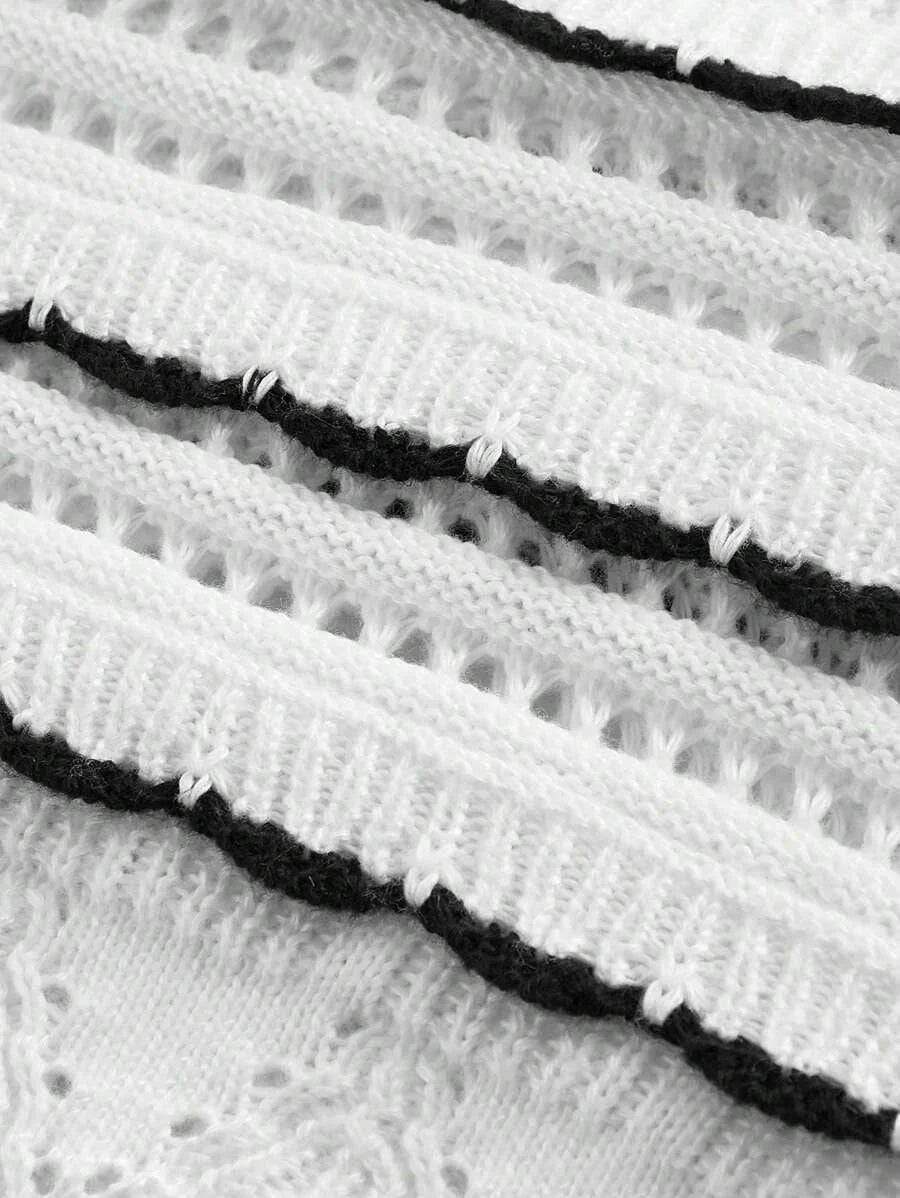 White Contrast Trim Floral Lace Wave Texture Knitted VestBack To School ClothesOld Money