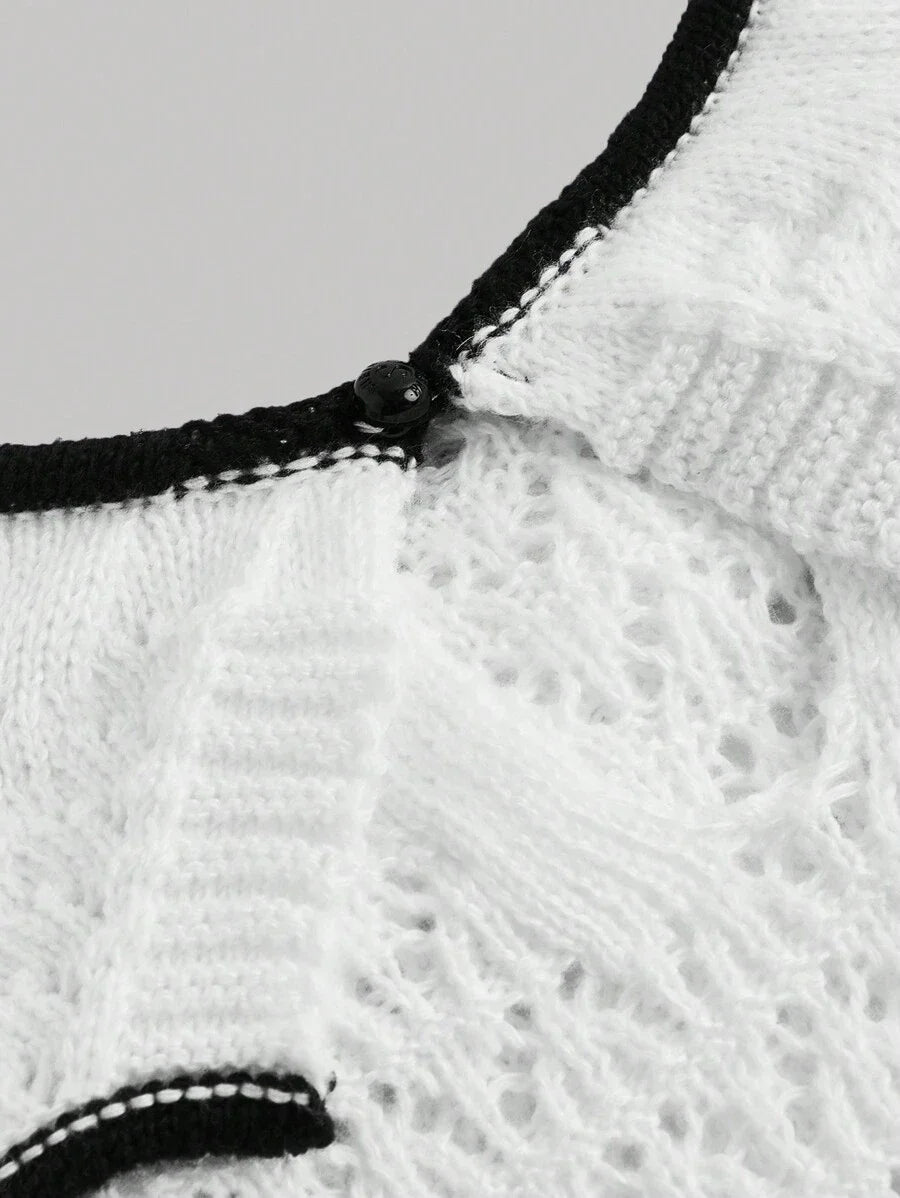 White Contrast Trim Floral Lace Wave Texture Knitted VestBack To School ClothesOld Money