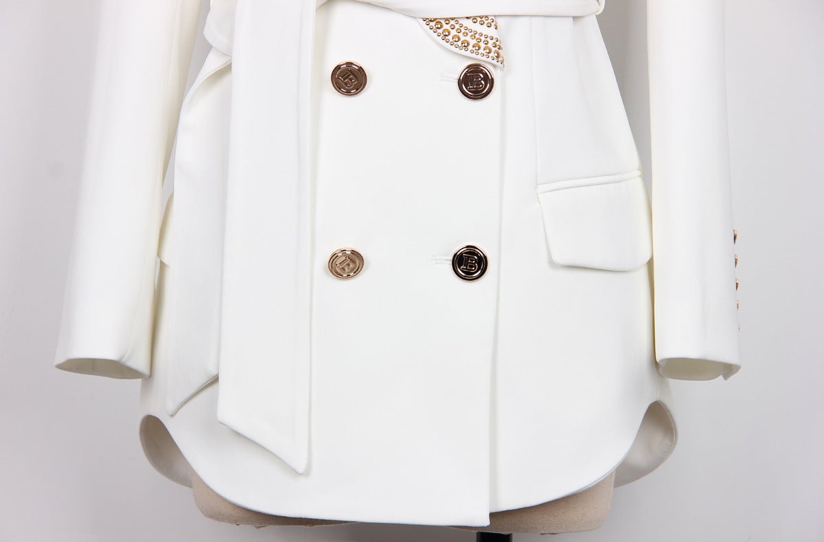 Tailored structured white double-breasted blazer with gold accents