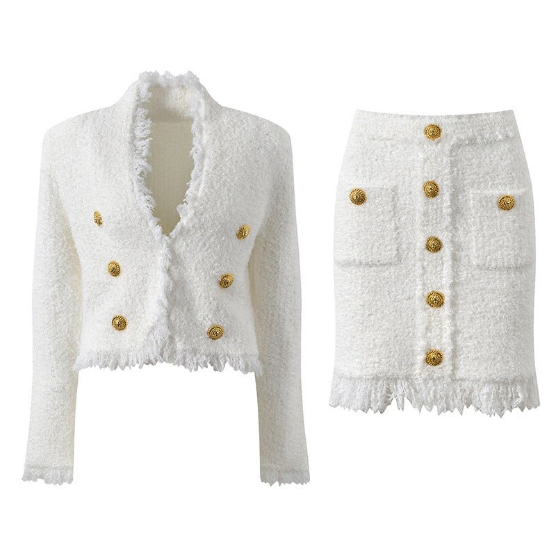 White double-breasted blazer and skirt set with fringed edges and gold button details