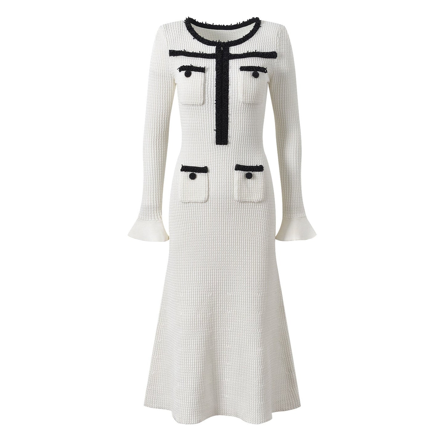 White Fitted Silhouette Flared Hem Elegant Pocket Detailing Tailored Chic Sophisticated Spring Fall Textured Fabric Contrasting Trim Pocket Buttons Formal Events Timeless Contemporary Style