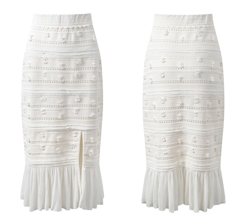 White embroidered cropped top and high-waisted skirt with scalloped edges and eyelet accents