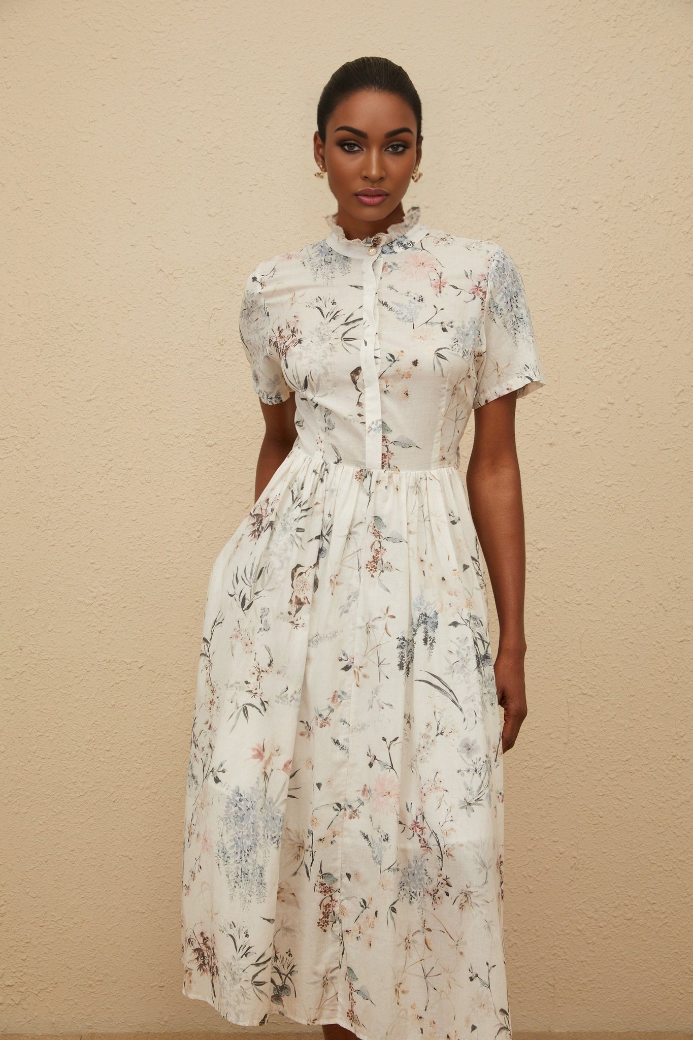White Floral Print Midi Dress with Frilled Neck and Faux-Pearl Detailing