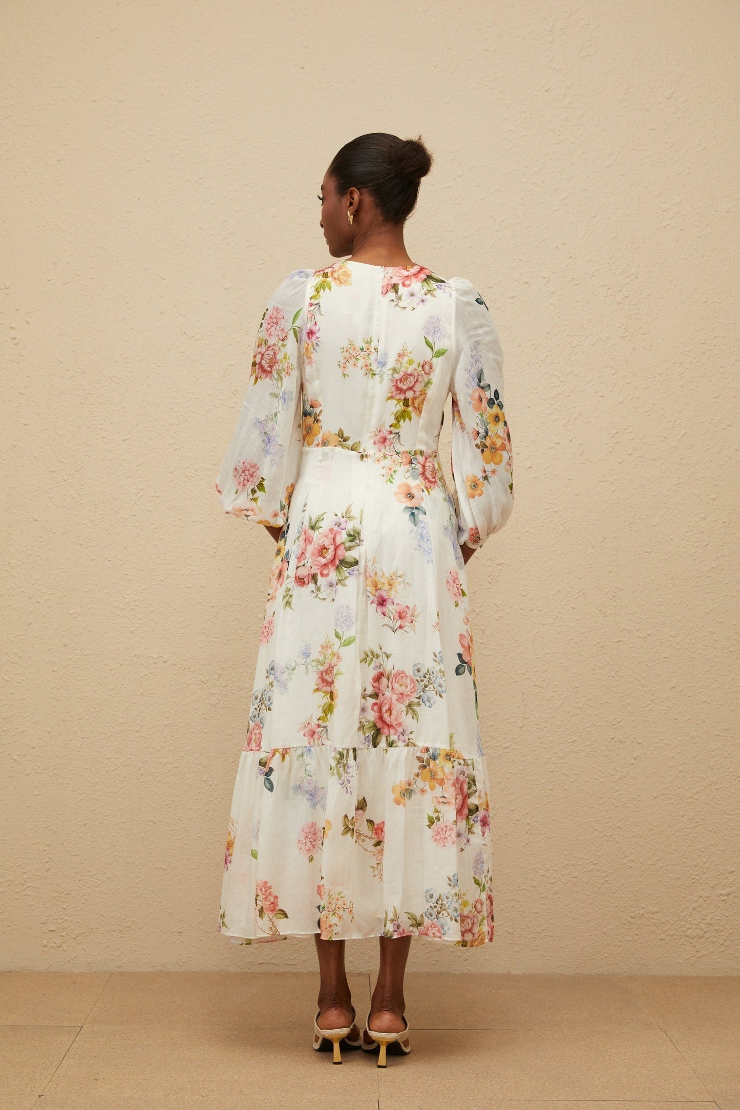 White Floral Print V-Neck Maxi Dress with Long Puff Sleeves
