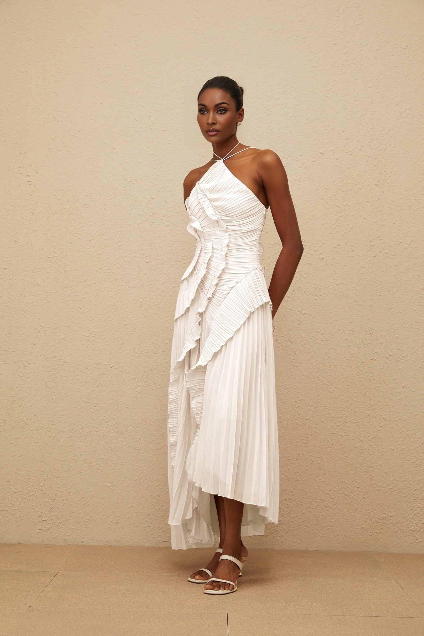 White Halterneck Sleeveless Fully Pleated Ruffled Trim Asymmetrical Midi Dress