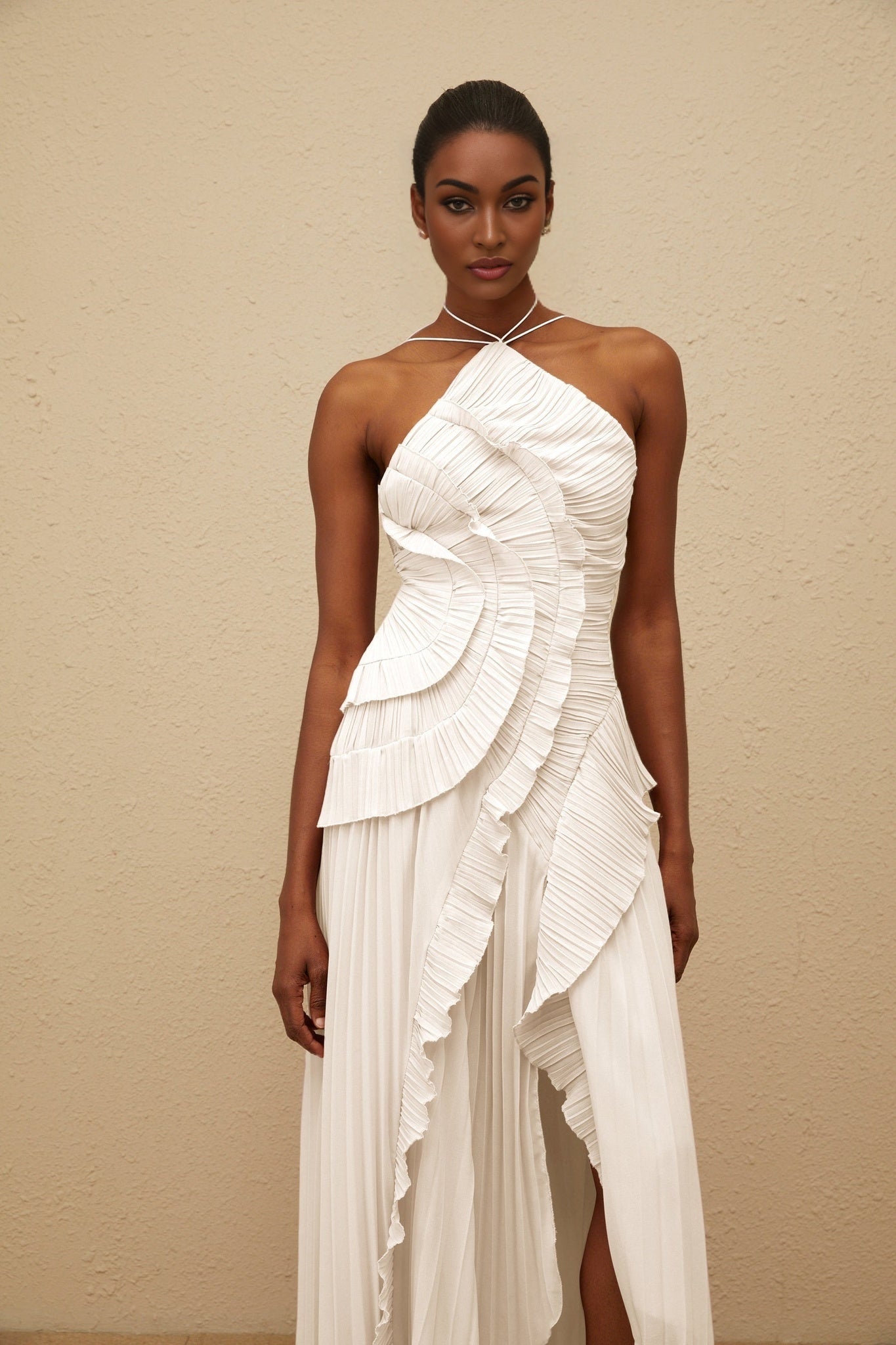 White Halterneck Sleeveless Midi Dress with Ruffled Trim and Front Slit