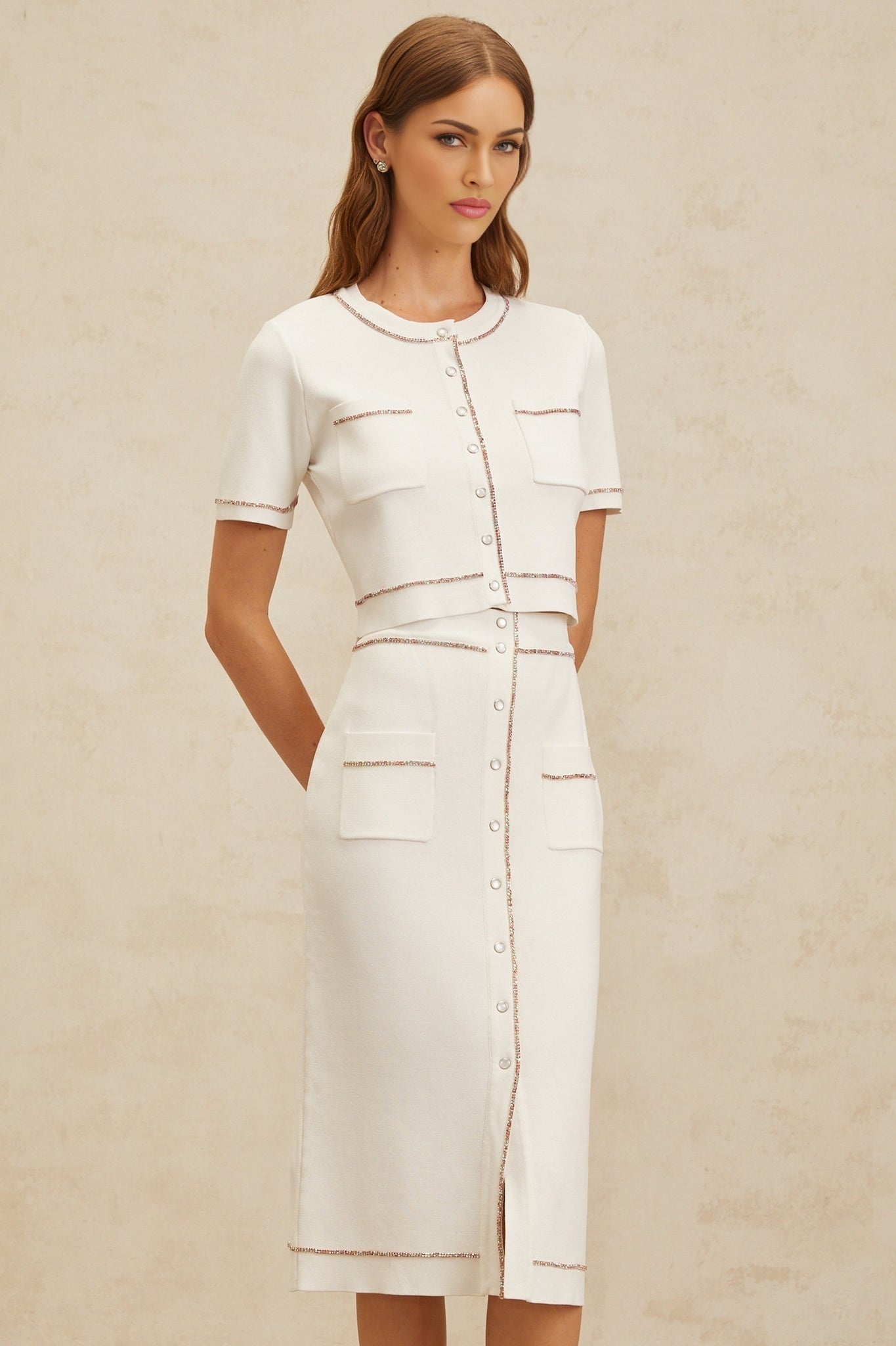 White knitted top and skirt set with crystal embellishment and ribbed hem