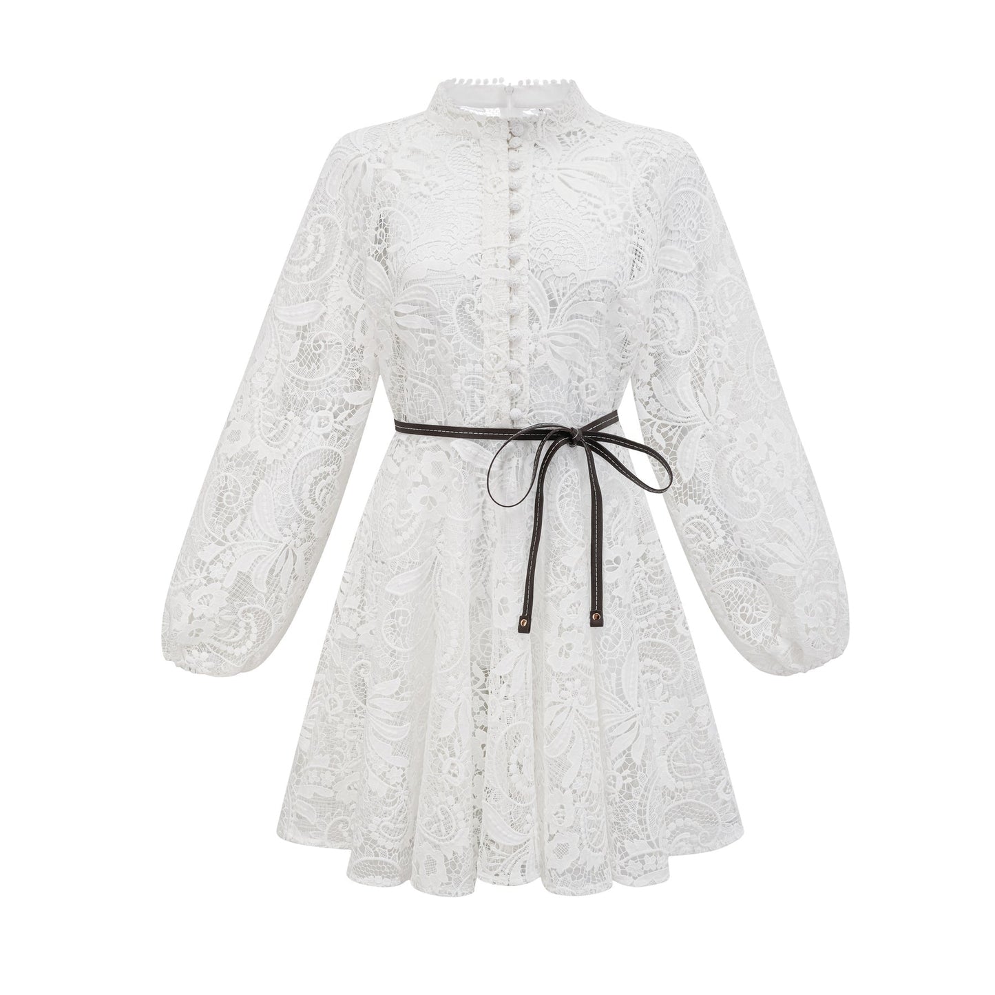 A white Aline dress with crew neck embroidered lace detail cutout design cinch waist and flounce hem featuring long sleeves and front button closure Made of 70% cotton 20% terylene 10% viscose