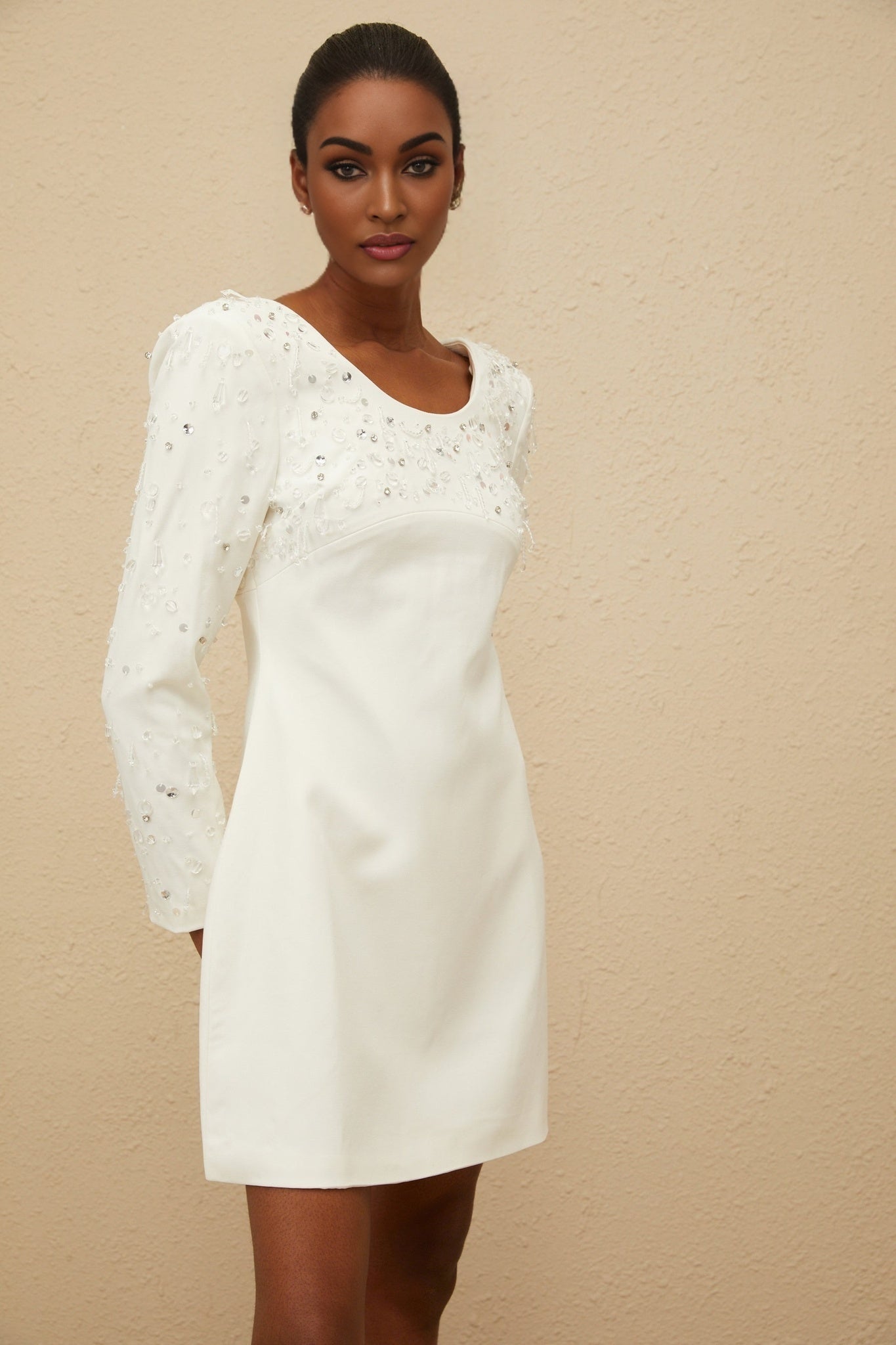 White Long Sleeve A-Line Dress with Sequin and Crystal Embellishment