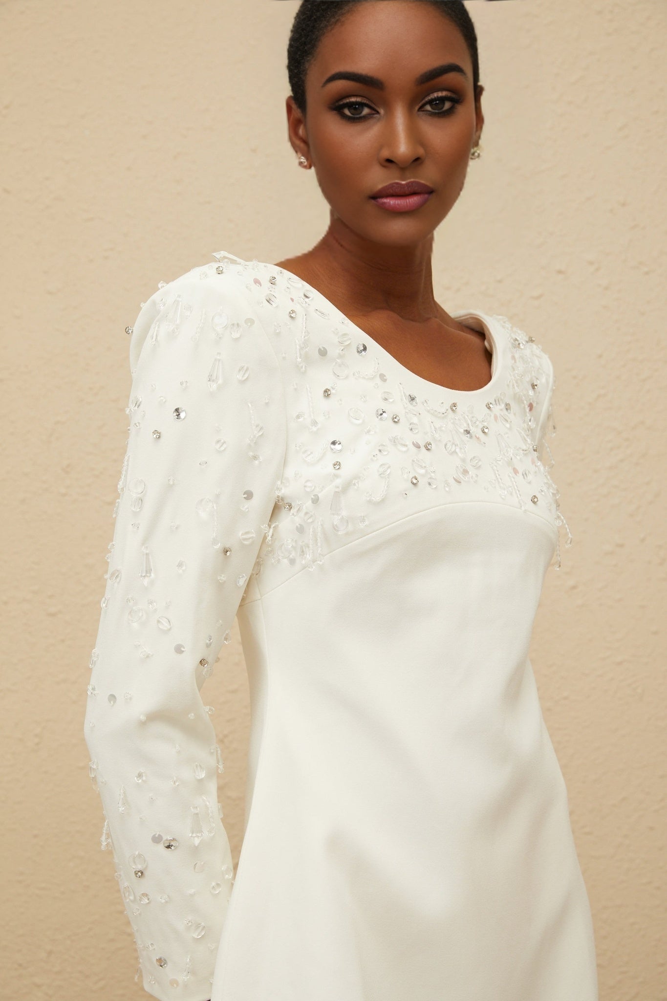 White Long Sleeve A-Line Mini Dress with Sequin and Crystal Embellishments